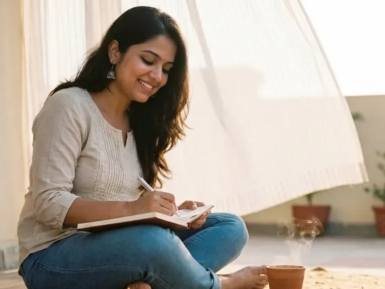 A woman writing in her diary on a terrace at golden hour